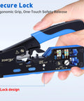 All-In-One RJ45 Crimp Tool with Pass-Through and Non Pass-Through Crimping shown with ergonomic grip and color-code guide