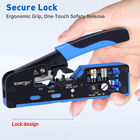 All-In-One RJ45 Crimp Tool with Pass-Through and Non Pass-Through Crimping shown with ergonomic grip and color-code guide