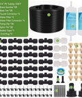 Components of 120Ft Outdoor Misting System With 28 Brass Nozzles And 2 Water Filters DIY Misting Kit For Patio Garden Greenhouse And Backyard Cooling So You Stay Cool All Summer visible.