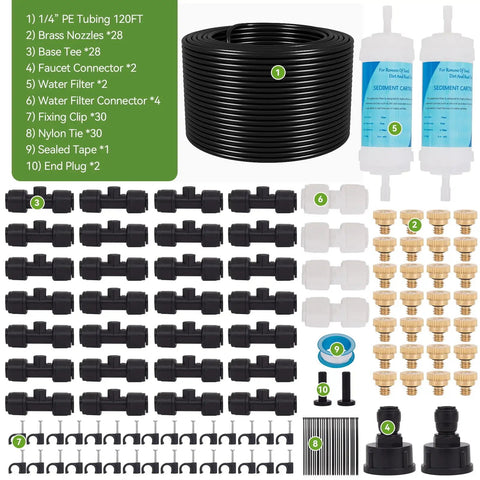 Components of 120Ft Outdoor Misting System With 28 Brass Nozzles And 2 Water Filters DIY Misting Kit For Patio Garden Greenhouse And Backyard Cooling So You Stay Cool All Summer visible.