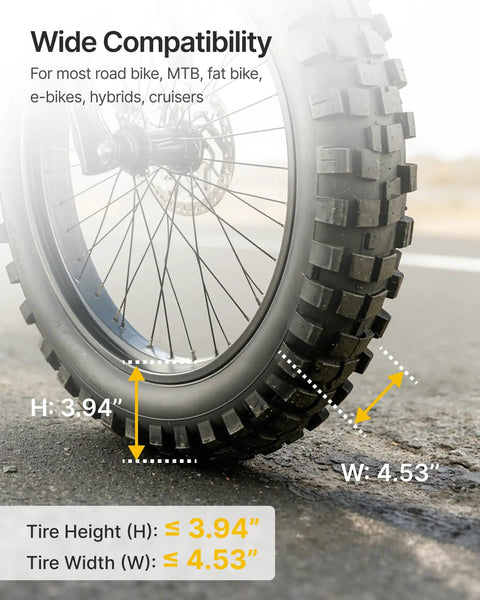 Fat Tire Bike Wall Mount Swivel Hanger Holds 4.5 Inch Wide Tires Up To 77 Lbs, close-up on tire showing width and height compatibility
