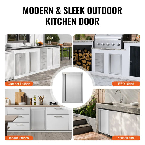 Stainless Steel BBQ Access Door For Outdoor Kitchen 17x24 Inch Flush Mount Wall Panel With Recessed Handle Ideal For BBQ Islands Grilling Stations And Outdoor Cabinets Built To Last shown in indoor and outdoor settings.