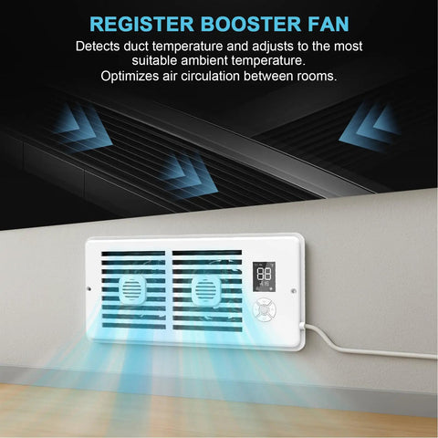 Register Booster Fan For 4x10 Vents, 10 Speeds, LED Screen Remote, Thermostat Control, Mounted on Wall, Boosts Airflow, White