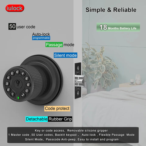 Keypad Door Lock With 50 User Codes And Auto Lock, Waterproof Matte Black, Installed On Door, Keyless Entry For Home