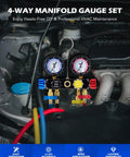 4 Way AC Gauge Set For R410a R22 R134a Refrigerant With 4 Valve Automotive Manifold And 5ft Hoses in car engine bay