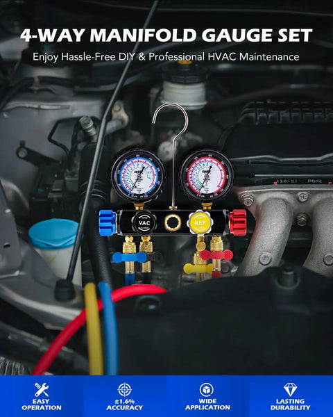 4 Way AC Gauge Set For R410a R22 R134a Refrigerant With 4 Valve Automotive Manifold And 5ft Hoses in car engine bay