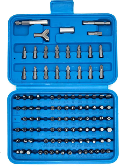 101 Piece Security Bit Set With Ratcheting Screwdriver Rock Solid Chrome Vanadium Steel bits displayed in blue case.