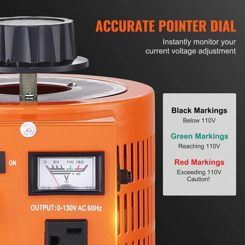 Close-up of Built Tough 2000VA AC Voltage Regulator Step Up Down Transformer with voltage pointer dial and markings.