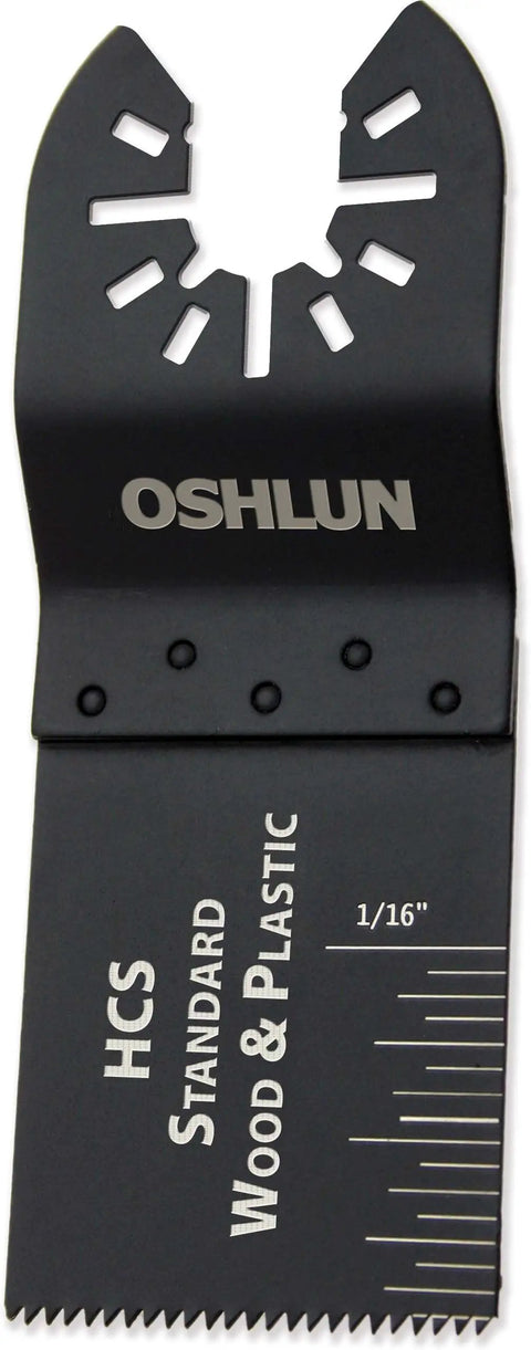 Pro-Grade Standard HCS Oscillating Tool Blade With Quick-Fit Arbor, 1-1/3-Inch, showing laser-etched depth gauge for wood and plastic