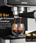20 Bar Espresso Machine For Home And Office With Milk Frother, close-up of espresso extraction into glass cup, LED display