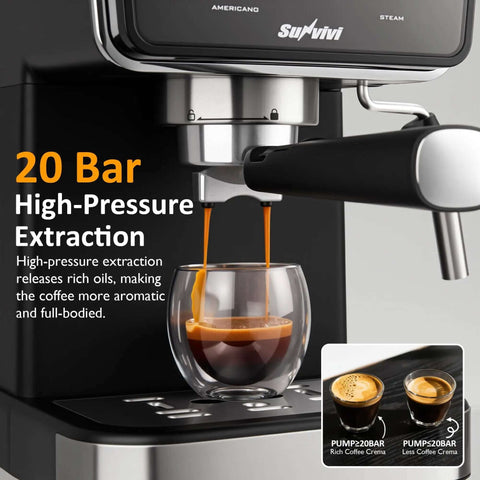 20 Bar Espresso Machine For Home And Office With Milk Frother, close-up of espresso extraction into glass cup, LED display