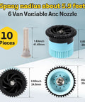 Premium Variable Arc Nozzles 10 Pack Adjustable 0 To 360 Degree Sprinkler Heads features 6 van nozzles with spray radius 5.9 feet.