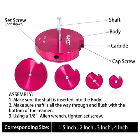 Four Piece Pipe Reamer Kit For PVC CPVC And ABS Fittings Includes 1.5 2 3 And 4 Inch Reamers with assembly instructions