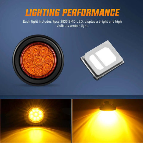 2 Inch Round Amber Marker Light With 9 LEDs, Flush Mount, hardwired 12V lighting performance illustration