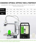 3D Printer Filament Dryer Box With Auto Rotation And Humidity Hold next to 3D printer, showcasing drying time and temperature settings chart.