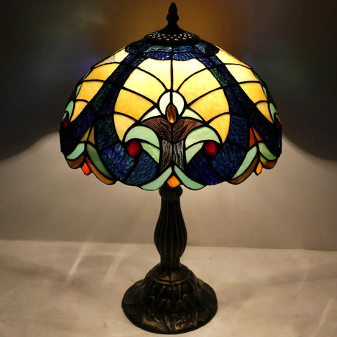 Tiffany Style Stained Glass Bedside Table Lamp With Blue And Yellow Panels, Cozy Glow Reading And Desk Light, 12 By 12 By 18 Inches