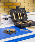 Premium Brass Setup Bars And Precision Height Gauge Master Kit For Woodworkers Includes Eleven Laser Marked Guide Blocks displayed in a case.