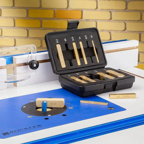 Premium Brass Setup Bars And Precision Height Gauge Master Kit For Woodworkers Includes Eleven Laser Marked Guide Blocks displayed in a case.