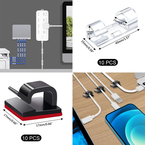 Must Have Cable Management Kit With Sleeves And Clips Includes Four Sleeves Thirty Seven Clips Seven Soft Holders Ten Adhesive Mounts Twenty Round Fixings One Hundred Tie Straps For A Clean Tangle Free Desk Setup. Includes visual detail of black and transparent clips and mount usage.