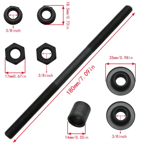 Heavy Duty 180mm 3/8 Inch Rear Bike Axle Replacement for Most Hubs, 26 TPI, Conical Lock Nut Washer Kit, Black Steel