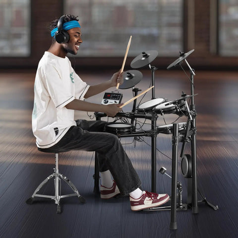 Person playing Dope Electric Drum Set With 32 Kits And 480 Sounds USB MIDI Compatible Electronic Drum Kit Quiet 8 Inch Mesh Snare 10 Inch Cymbals