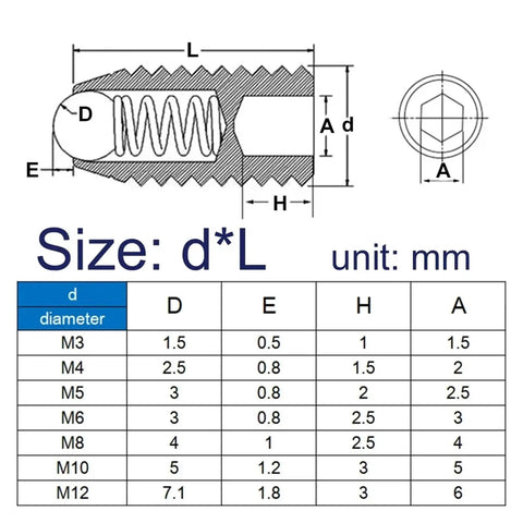 Heavy Duty Ball Drive Spring Plungers and Hex Socket Set Screws Made from Rugged Carbon Steel with size details in mm.