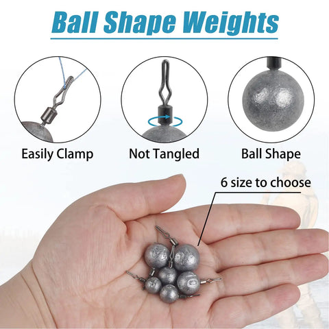 Drop Shot Weights Cannonball Sinkers With Pro Grade Swivels Set For Bass Fishing, ball shape lead weights in hand, 6 sizes