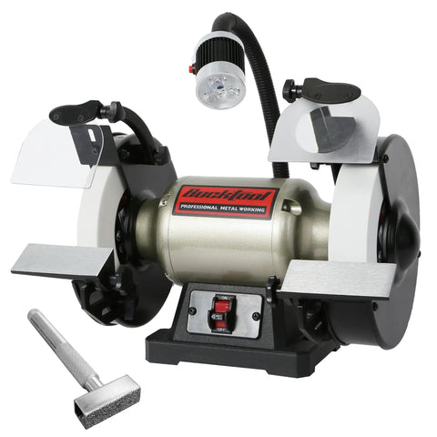 Front view of 8 Inch Low Speed Bench Grinder With Three Quarter HP Induction Motor And 1750 RPM For Smooth Wobble Free Grinding.