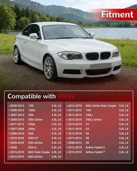 BMW car compatibility chart showing models for Plug N Play Direct Fit Electric Water Pump With Thermostat For BMW 135i 135is 335i X1 X5 X6 N55