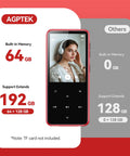 64GB MP3 Player With Bluetooth And Built In Speaker M3 2.4 Inch Portable Music Player on red background highlighting storage capacity