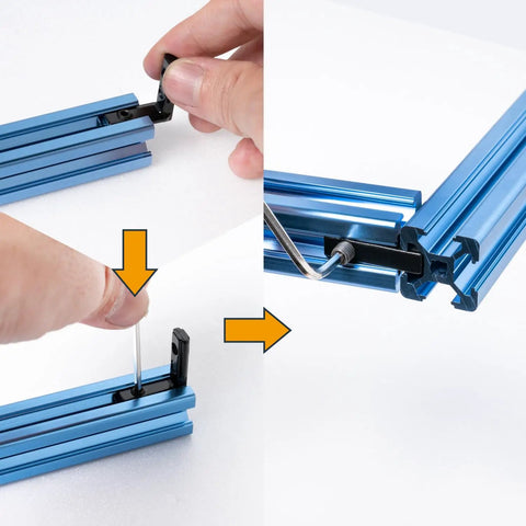 Installing Bad Boy L Shape Inside Corner Brackets For T Slot And V Slot Aluminum Extrusion with screws and Allen wrench.