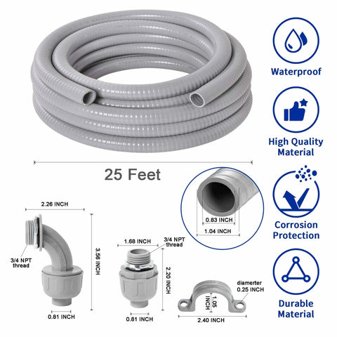 Flexible Liquid Tight PVC Electrical Conduit Kit Three Quarters Inch Diameter 25 Feet Outdoor Non Metallic Grey with fittings and dimensions.