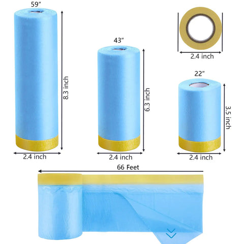 Three sizes of masking rolls and tape featuring Masking Paper With Tape 6 Pack For Automotive Painting And Home Projects Heavy Duty Tear Resistant Lightweight Coverage For Cars Appliances Furniture And Equipment Pre Taped Masking Film For Dust And Pigment Protection.
