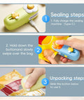 No Sweat Mini Bag Sealer and Cutter, Easy Peasy 2 In 1 Heat Resealer for Chip Bags with sealing steps and instructions.