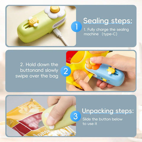 No Sweat Mini Bag Sealer and Cutter, Easy Peasy 2 In 1 Heat Resealer for Chip Bags with sealing steps and instructions.