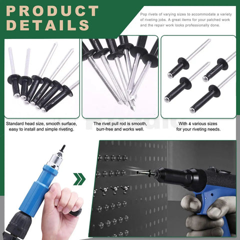 80Pcs Blind Rivet Set Featuring Four Sizes 9/16 3/4 13/16 And 1 Inch Black Large Flange Aluminum Pop Rivets in use
