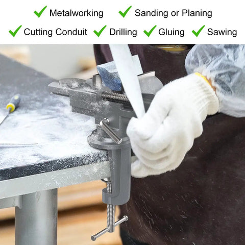 All-Purpose Table Vise With 3 Inch Jaw Opening And 360 Degree Swivel Base, Heavy Duty Bench Clamp For Woodworking And Metalworking, Thickened 0.2 Inch Jaw For Superior Grip, Fits Most Workbenches And Tables. table vise clamping metal work on a workbench