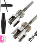 Pro 3-In-1 Pipe Threader Kit With Screw Extractor And Sealant Tape Electric Drill Compatible For 1/2 Plus 3/4 Inch Pvc Plumbing Jobs Heavy Duty Alloy Construction For Pros And Diy Enthusiasts Silver, featuring die heads and accessories.