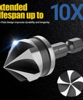 Close-up of five-flute countersink bit with text 'Extended Lifespan up to 10X'. Part of Five Piece Four Spiral Flute Step Drill Bit Set And Six Countersink Bits With Tool Box By Cleverool Nitriding HSS Drill Bits For Metal Aluminum Wood Plastic Durable Sharp Set For Home DIY And Professional Projects.