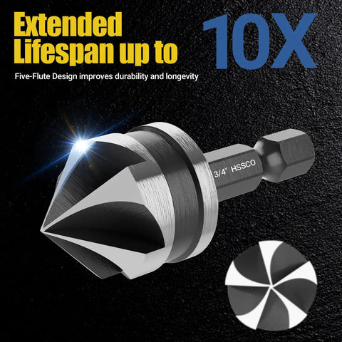 Close-up of five-flute countersink bit with text 'Extended Lifespan up to 10X'. Part of Five Piece Four Spiral Flute Step Drill Bit Set And Six Countersink Bits With Tool Box By Cleverool Nitriding HSS Drill Bits For Metal Aluminum Wood Plastic Durable Sharp Set For Home DIY And Professional Projects.