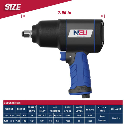 Half Inch Air Impact Wrench With 7000 RPM Free Speed, 1000 Nm Drive, 958 Foot Pound Torque, blue handle, product dimensions