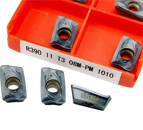 Heavy Duty Indexable Carbide Lathe Tool For External Turning R390 11T308 Cutting Blade in orange case, showing sharp edges.