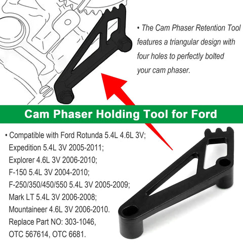 Cam phaser holding tool for Ford 4.6L 5.4L 3V engines with triangular design, part of timing belt tool set.