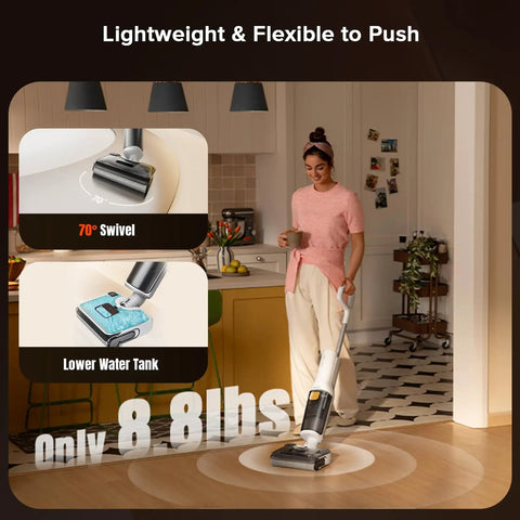 Woman cleaning hard floor with All In One Cordless Vacuum Mop For Hard Floors With 20000Pa Suction Wet Dry Cleaning Edge To Edge Self Cleaning Electric Mop With 180 Degree Lie Flat Perfect For Tile Hardwood Vinyl Laminate Floors