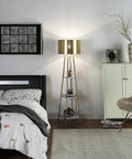 Tall Floor Lamp With Shelves And Gold Shade, Standing Reading Light For Living Room And Bedroom, in cozy bedroom setting