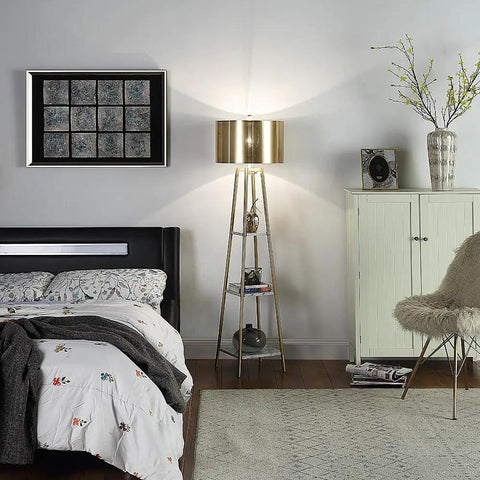 Tall Floor Lamp With Shelves And Gold Shade, Standing Reading Light For Living Room And Bedroom, in cozy bedroom setting