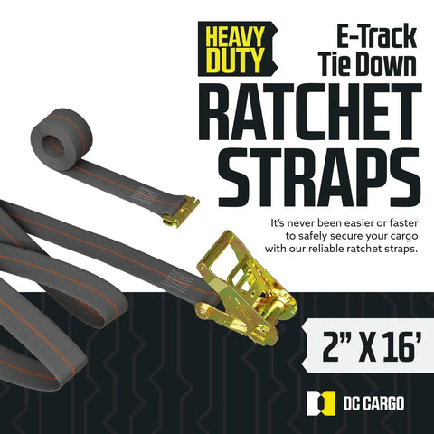 Heavy Duty 2 Inch by 16 Foot Ratchet Tie-Down Straps For E Track With Spring Fittings, metal ratchet mechanism displayed