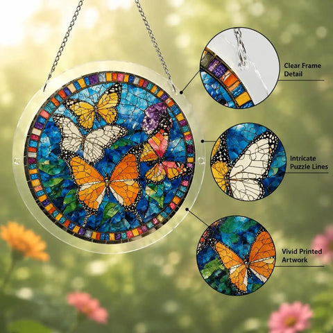 Butterfly Suncatcher Puzzle Kit With 83 Pieces For Doors Garden And Windows UV Printed Acrylic Double Sided Light Transmission Dope DIY Hobby For Adults 7.4 Inches, showcasing colorful acrylic butterfly design in a garden setting.