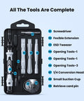 Front view of 115-In-1 Precision Screwdriver Set With Pro-Grade Magnetic Bits For Phone Computer Watch Laptop MacBook Eyeglasses And Electronics Repair Kit Must-Have Compact Mini Tool Kit With Over 100 Bits AXTH, displaying screwdriver, tweezers, and tools.
