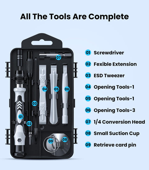 Front view of 115-In-1 Precision Screwdriver Set With Pro-Grade Magnetic Bits For Phone Computer Watch Laptop MacBook Eyeglasses And Electronics Repair Kit Must-Have Compact Mini Tool Kit With Over 100 Bits AXTH, displaying screwdriver, tweezers, and tools.